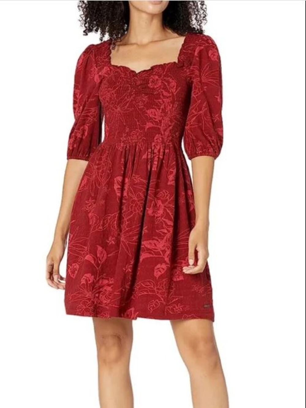 NWT Women's Medium Roxy Burgundy Floral Smocked Bodice Cotton Blend Dress